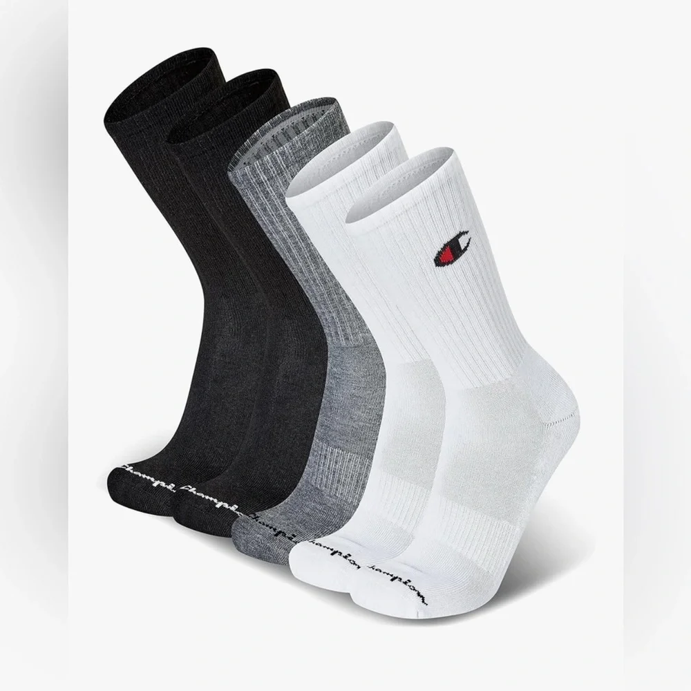 NEW Champion Men’s Performance Cushion Crew Socks 5 Pairs White Black Gray